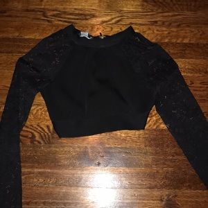 Black BEBE Cropped Bodycon Lace-Sleeve Top